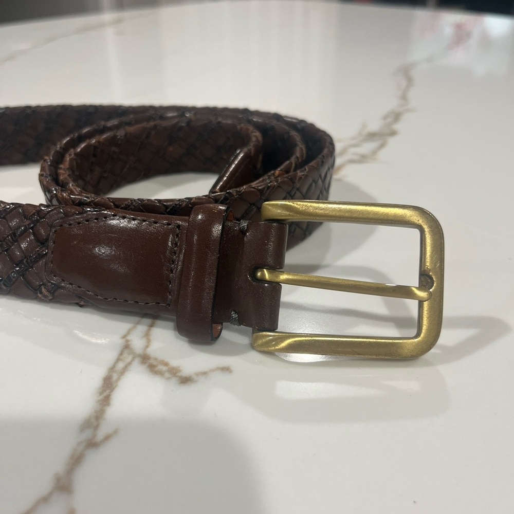 Cole Haan Brown Woven Leather Belt with Brass Buckle, OS